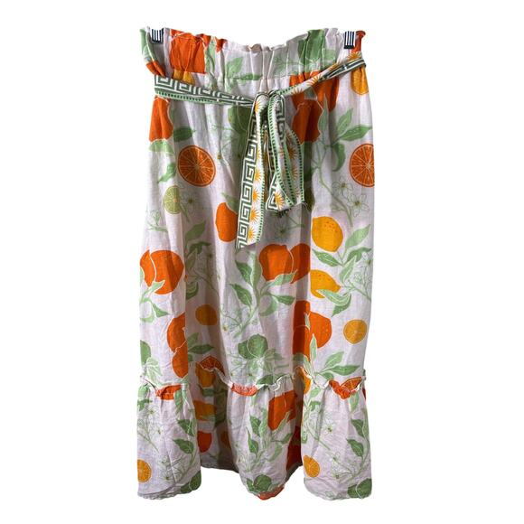 Linen Midi Skirt Rachel Zoe Women Size XL Multicolor Blend Belted Fruit Floral - Picture 1 of 9